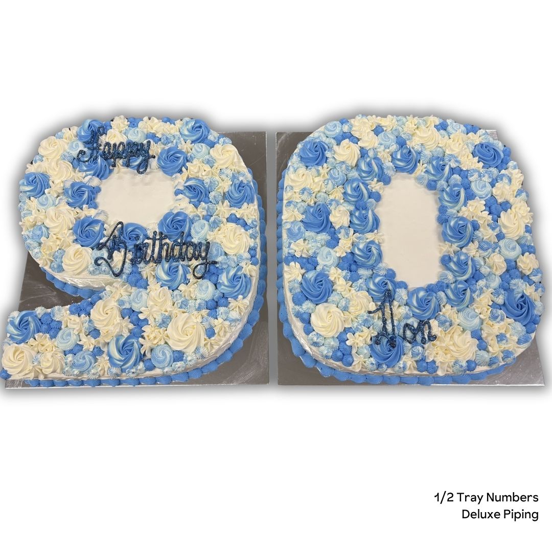 Cake shaped into number 90 with blue and white flowers and 'Happy Birthday' text on a white background.