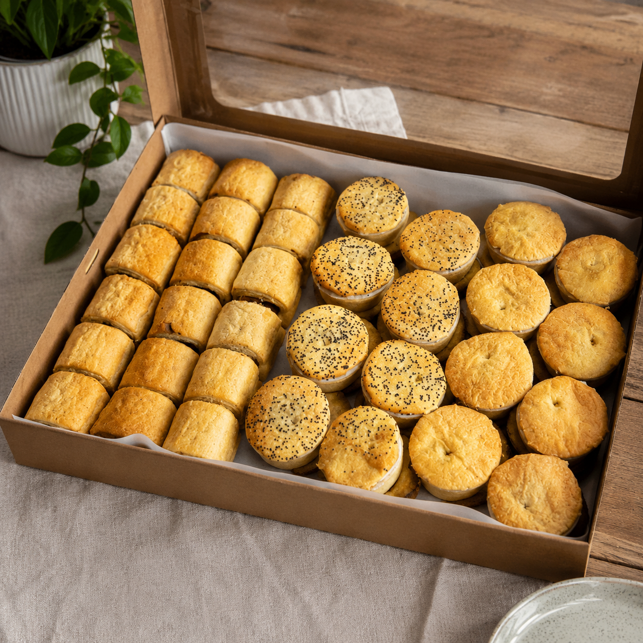 Box of assorted small pies on a wooden table with a plant in the background