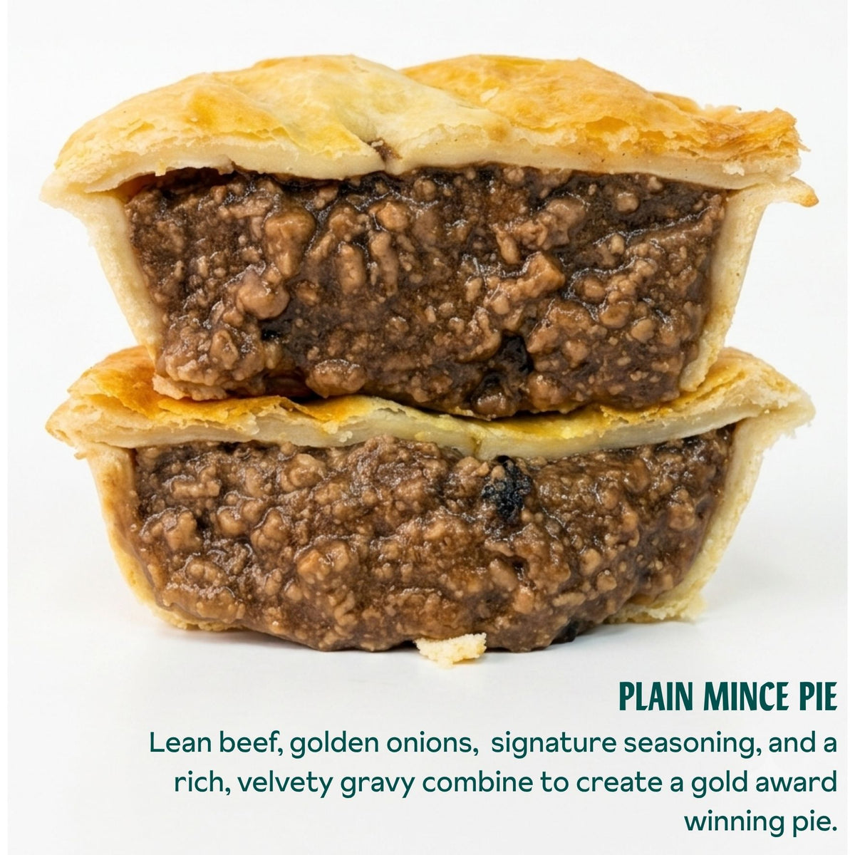 Two stacked halves of a plain mince pie on a white background, with text below describing the filling ingredients and name.