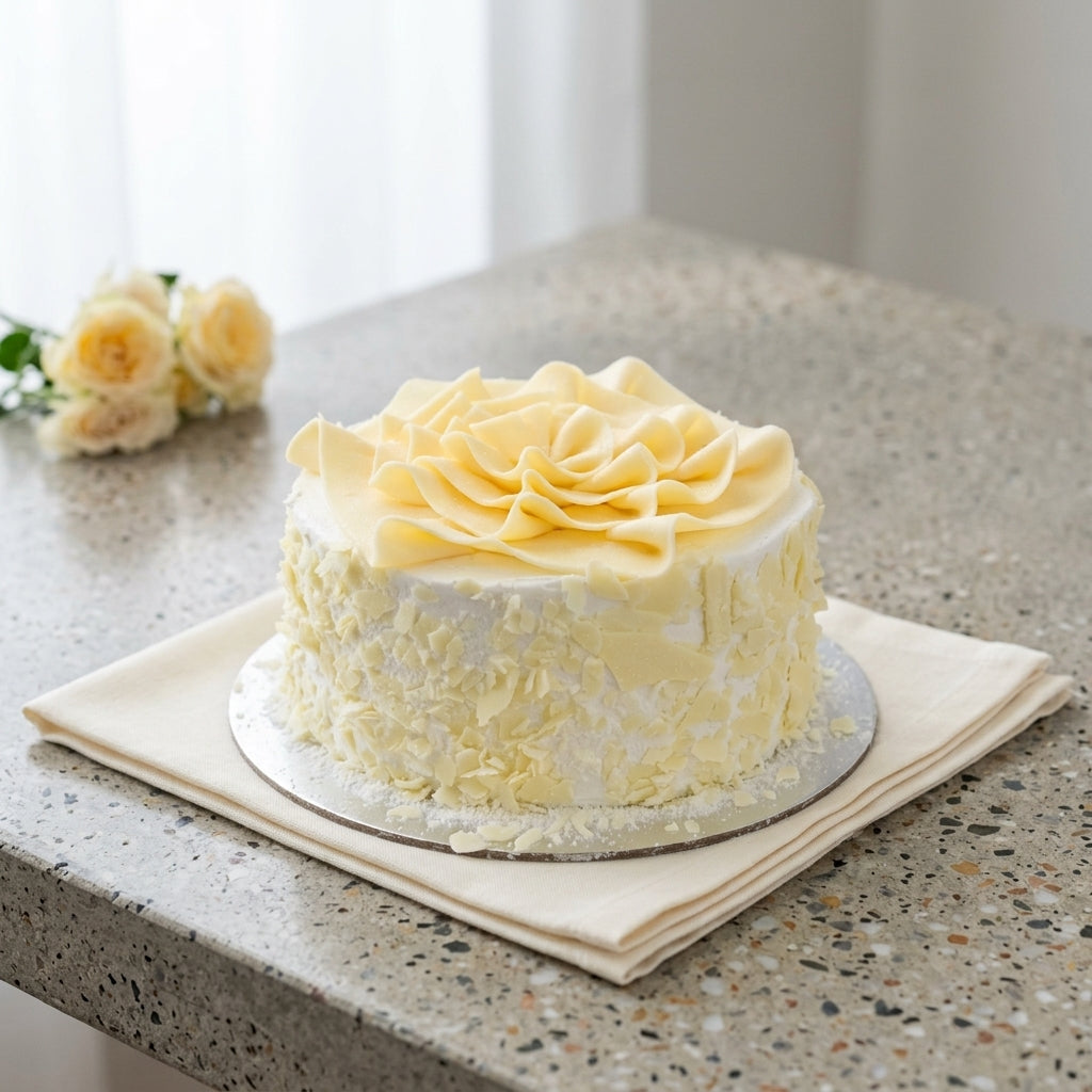 A round red velvet cake with white chocolate decorations, decorated with a large rosette on top and white chocolate shavings on the sides, sitting on a beige napkin on a speckled countertop.