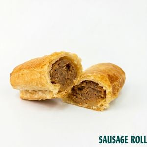 Two golden-brown sausage rolls, one cut open to show the savory meat filling, on a white background with 'SAUSAGE ROLL' text in the bottom right corner.