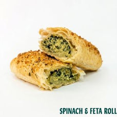 Two spinach and feta stuffed pastry rolls, one whole and one cut open to show the green filling, on a white background with the text 'SPINACH & FETA ROLL' at the bottom right.