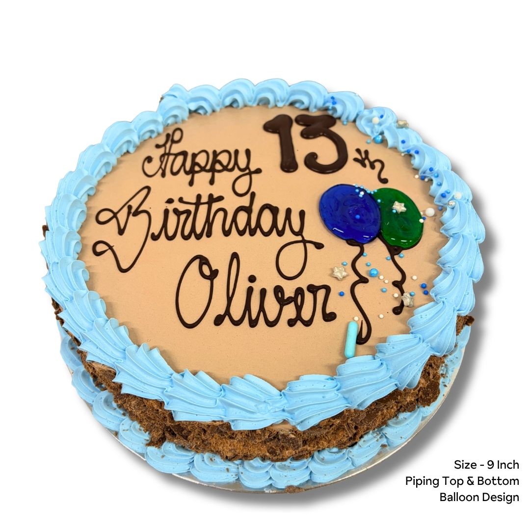 Birthday sponge cake with chocolate icing and blue piping and custom message