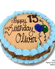 Birthday sponge cake with chocolate icing and blue piping and custom message