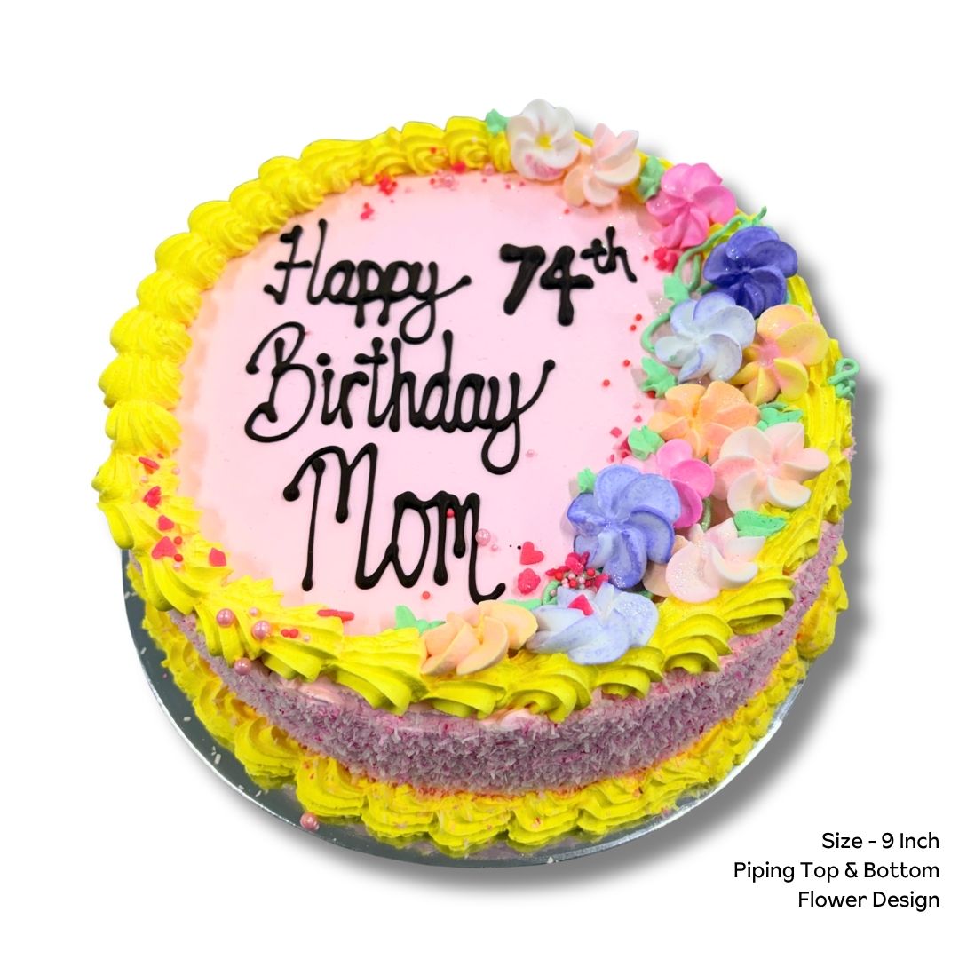 Birthday cake with colorful flowers and 'Happy 74th Birthday Mom' text on a white background